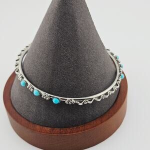 Silver Tone Thin Bangle Bracelet Turquoise Stone Accents Swirl Dainty Fairycore